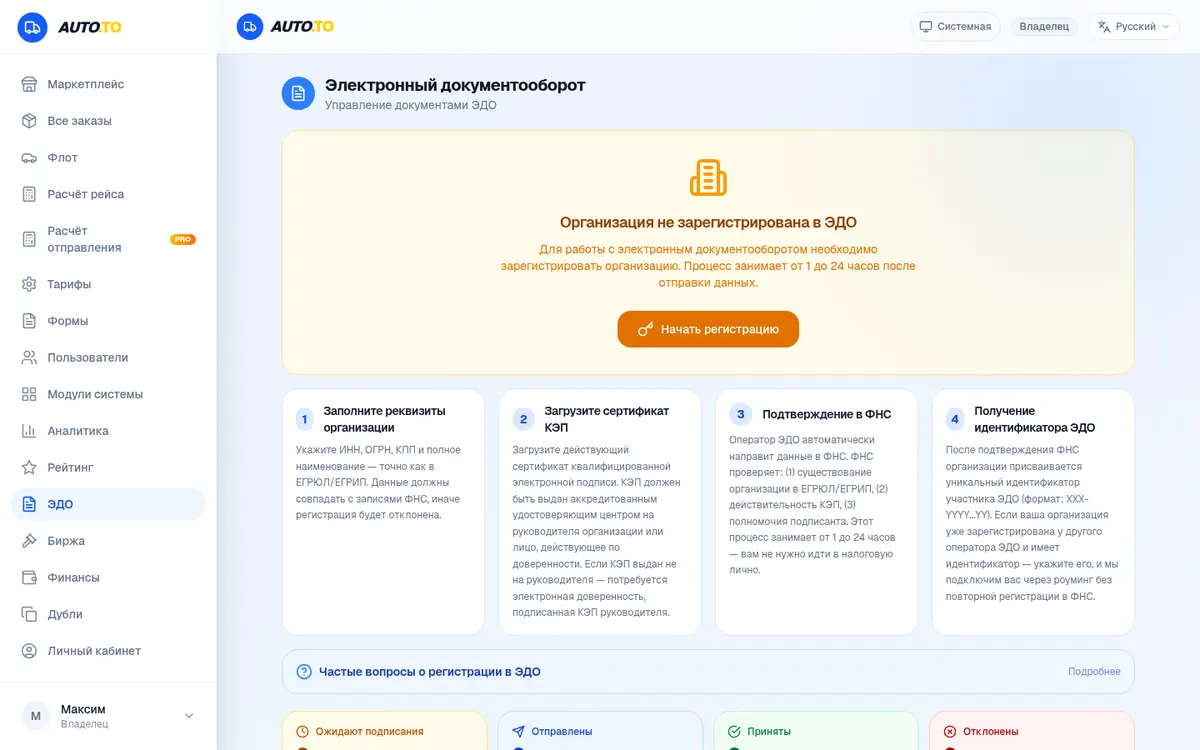 Раздел ЭДО: регистрация организации в электронном документообороте
